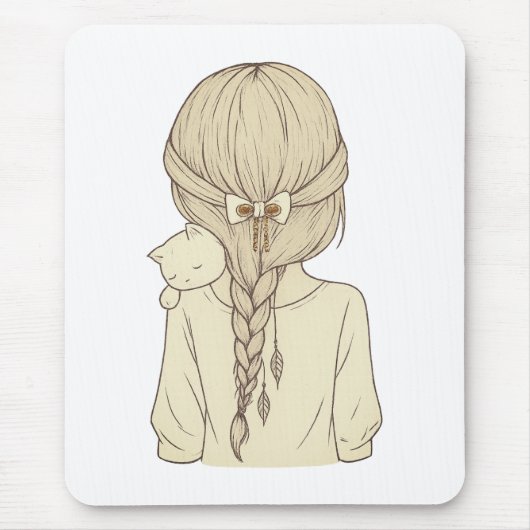 Girl with Braid and Cat Illustration – Soft Pastel Muismat (Voorkant)