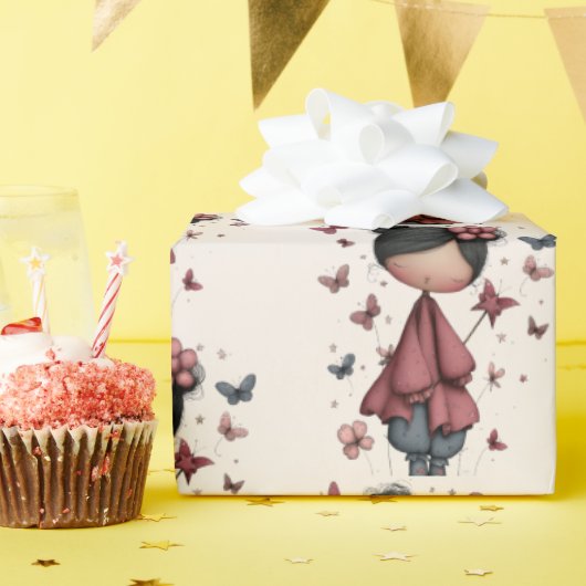 Girl with Magic Wand and Butterflies Pattern Cadeaupapier (Verjaardagsfeest)