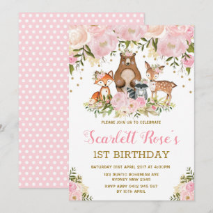 Girl Woodland 1e verjaardag Pink Gold Floral Party Kaart