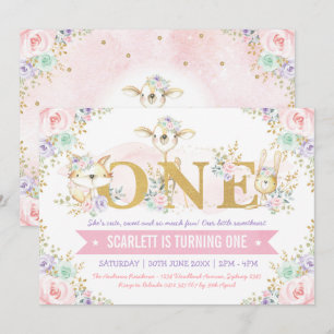  Girl Woodland Animals 1e verjaardag Kaart