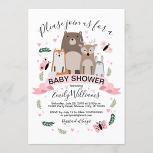 Girl Woodland Animals Baby shower Invitation Kaart