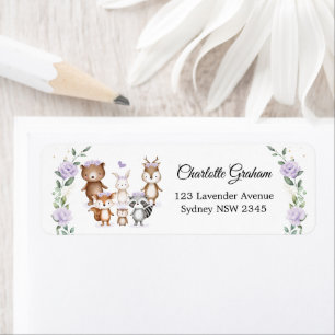 Girl Woodland Animals Paars Flower Return Address Etiket