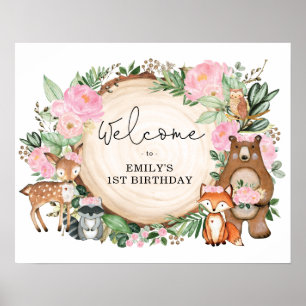 Girl Woodland Animals Pink Floral Birthday Welkom Poster