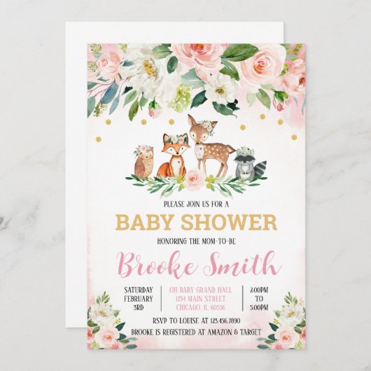 Girl Woodland Baby shower Invitation Kaart (Voorkant / Achterkant)