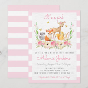 Girl Woodland Deer Baby shower Invitation Kaart