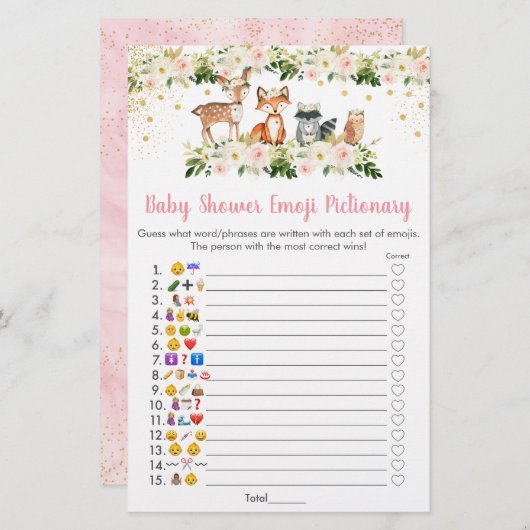 Girl Woodland Floral Emoji Pictionary Shower Game (Voorkant / Achterkant)