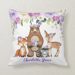 Girl Woodland Forest Animals Paarse Floral Nursery Kussen