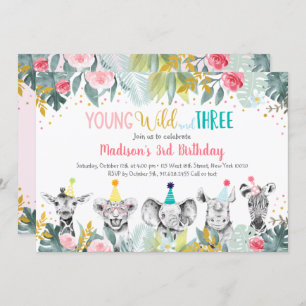 Girl Young Wild and Three Party Animal Birthday Kaart