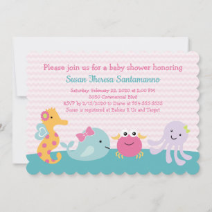 Girl Zee Animals Ocean Life Baby shower Invitation Kaart