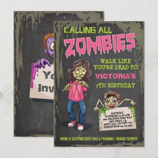 Girl Zombie Birthday Party Kaart (Voorkant / Achterkant)