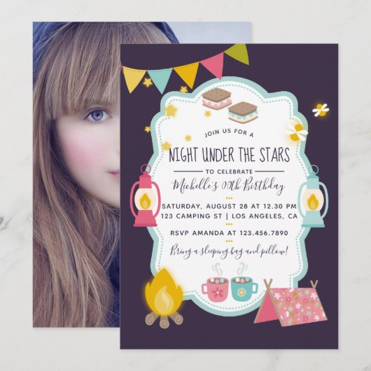 Girlie Glamping Birthday Party ajouter Invitation  (Devant / Derrière)