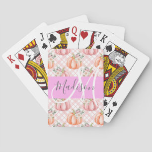 Girlige Chic Bloemige Roze Perzik Pompoen Monogram Pokerkaarten