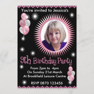 Girls 9th Birthday Photo Invitation Kaart