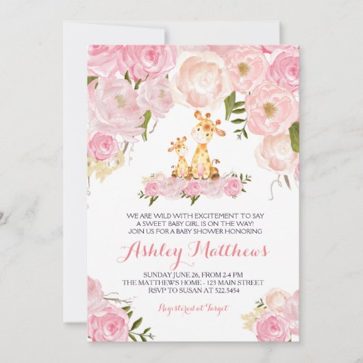 Girls Baby Giraffe Baby Shower Invitations (Devant)