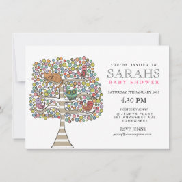 Girls Baby shower Owl Cat & Birds Invite Kaart