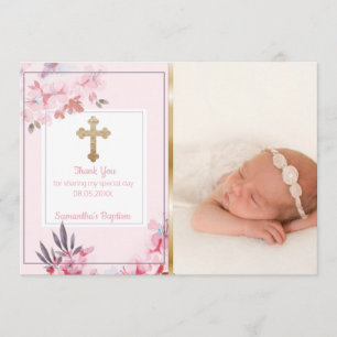 Girls Baptism Dank je Aangepaste fotoroze Floral Bedankkaart
