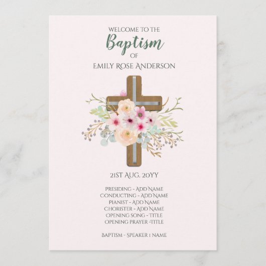 GIRLS Baptism Programme - Floral Cross Programma (Voorkant)