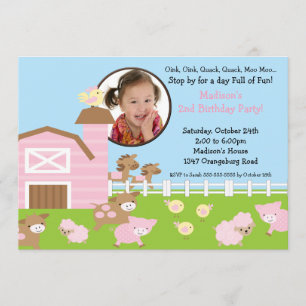 Girls Barn Animal Fun Photo Birthday Invitation Kaart