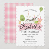 Girls Barnyard 1st Birthday Invitation Kaart (Voorkant / Achterkant)