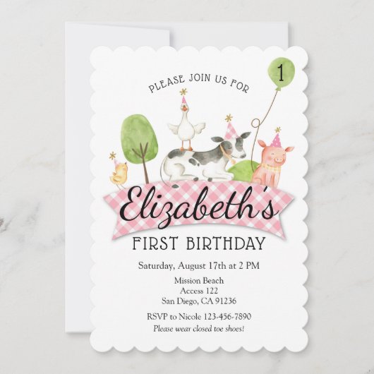 Girls Barnyard 1st Birthday Invitation Kaart (Voorkant)
