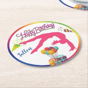 Girls Birthday Gymnastics Handspring Rainbow Trim Ronde Kartonnen Onderzetter