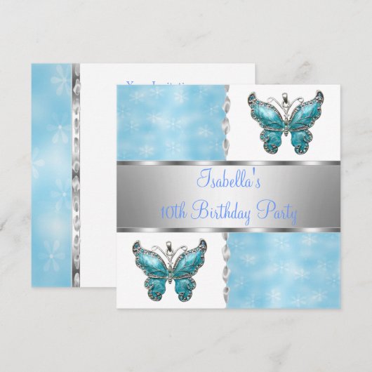 Girls Birthday Party Butterfly Blue White Flower Kaart (Voorkant / Achterkant)