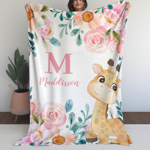 Girls Blanket Floral met Giraffe Monogram Fleece Deken