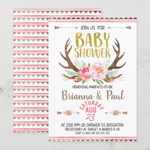 Girls Boho Floral Antlers Baby shower Uitnodiging