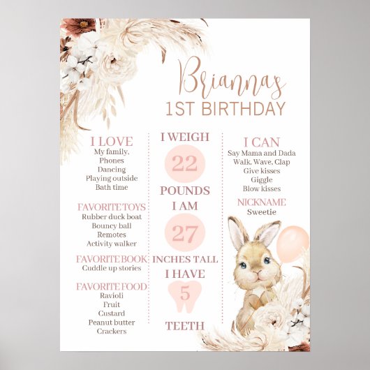 Girl's Boho Floral Bunny 1st Birthday Milestone Poster (Voorkant)