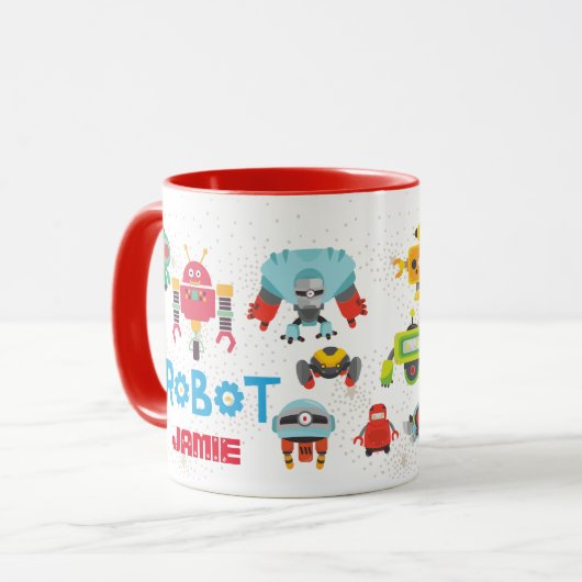 Girls BOYS Love ROBOTS RED Named Funny Cartoon Mok (Voorkant links)