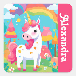 Girl's Bright Pink Schattige Unicorn Vierkante Sticker