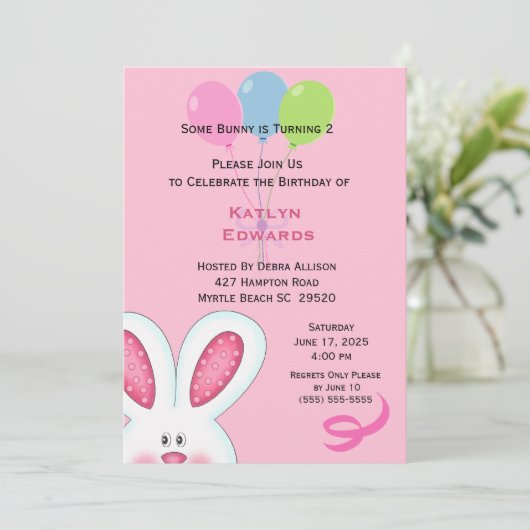 Girls Bunny Rabbit Birthday Invitation Kaart (Staand voorkant)