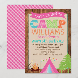 Girls Camping Birthday Party Invitation Kaart