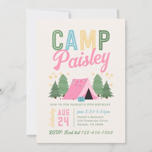 Girl's Camping Uitnodiging Verjaardag (Voorkant)