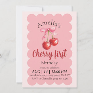 Girls Cherry First Birthday invitation Kaart