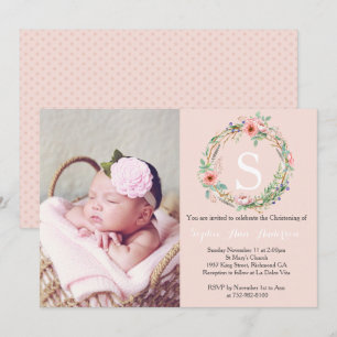 Girls Christening Invitation - Roze Wreath Kaart