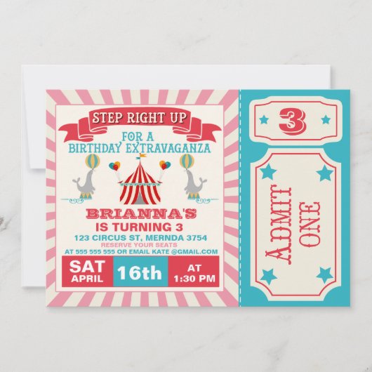 Girls Circus Ticket Birthday Party Invitation Kaart (Voorkant)