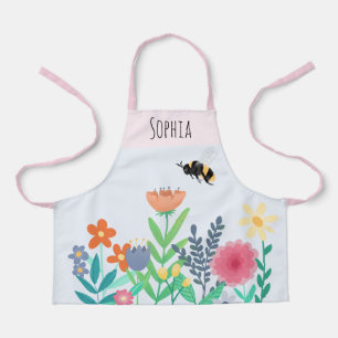 Girls Cute Bee en Flowers met de naam Kinder Schort