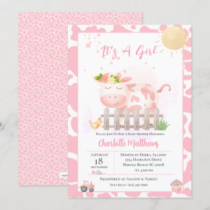 Girls Cute Boerderij Pink Koe Baby shower Uitnodig Kaart