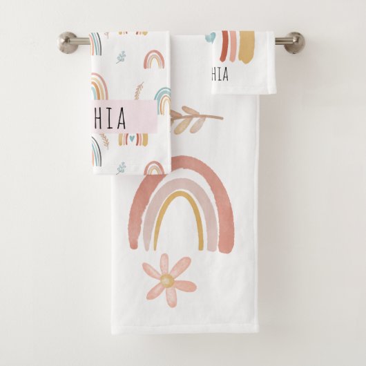 Girls Cute Boho Waterverf Rainbows and Flowers Bad Handdoek (Insitu)