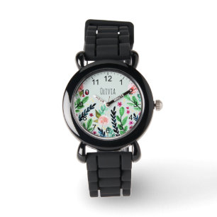 Girls Cute Botanical Waterverf Flowers Kinder Horloge