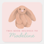 Girls Cute Bunny “This Book Belongs” Bookplate  Vierkante Sticker (Voorkant)