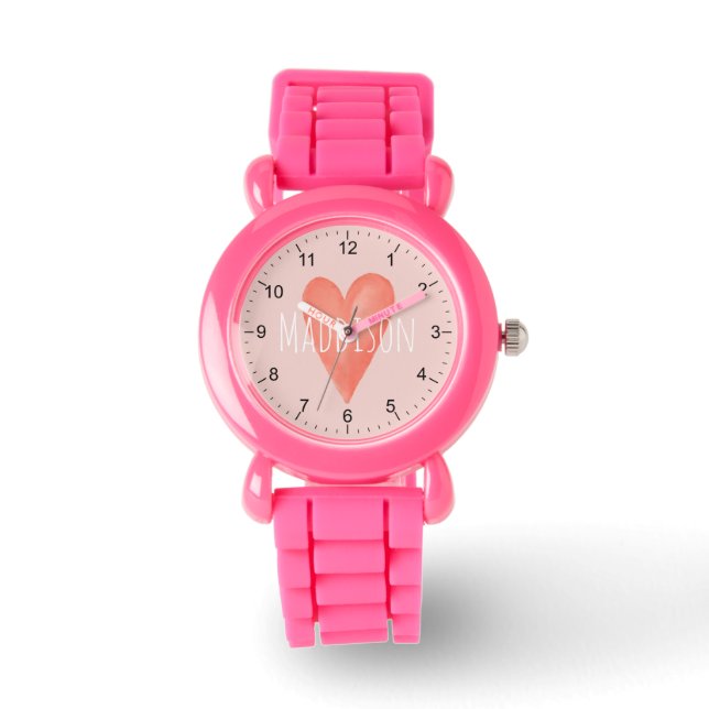 Girls Cute en Girly Waterverf Pink Heart Kinder Horloge (Voorkant)