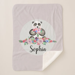 Girls Cute Floral Watercolor Flowers Panda Bear Sherpa Deken