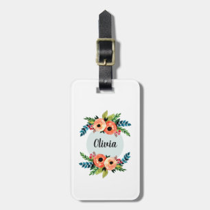 Girls Cute Floral Waterverf Flowers & Name Kinder Bagagelabel