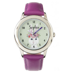 Girls Cute Floral Waterverf Rabbit en Name Kinder Horloge
