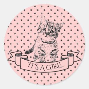 Girls Cute Kitten Cat Pink Baby shower Ronde Sticker