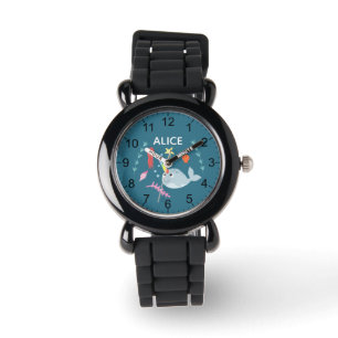 Girls Cute Modern Rainbow Narwhal en Name Kinder Horloge
