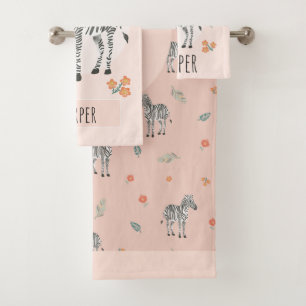 Girls Cute Oerwoud Safari Animals Zebra & Name Bad Handdoek