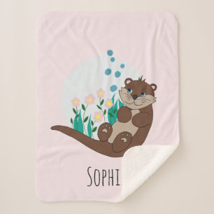 Girls Cute Otter Cartoon Flowers and Name Kinderen Sherpa Deken